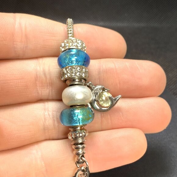 Silvertone Slide Charm Bracelet Blue Crystal Blue & White Slide Charm Adjustable - Picture 6 of 12